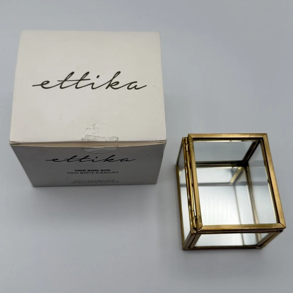 Ettika Mini Ring Box Glass & Brass 3″ × 2.5″ × 2″ Display Trinket Box